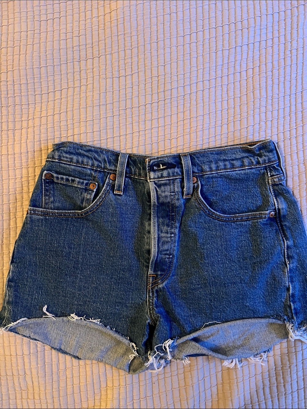 Levi’s 501 Fly Button Blue Frayed Hem Denim Cutoff Shorts